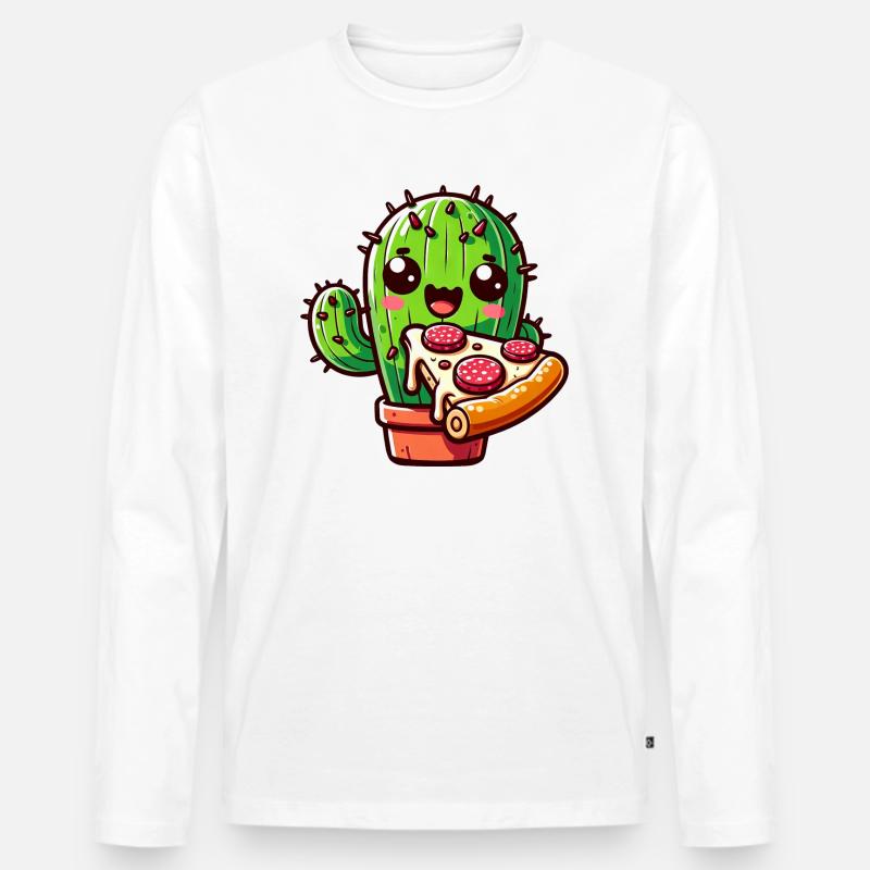 Kawaii Kaktus mit Pizza, Comic-Stil - Männer Premium Bio Langarmshirt - undefined
