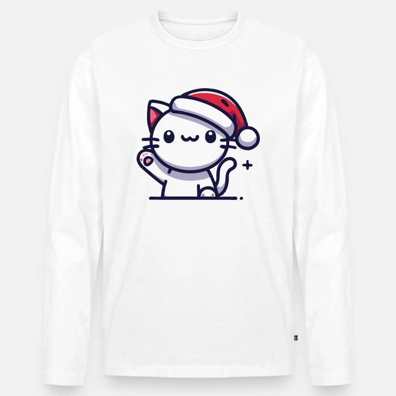 Katze mit Weihnachtsmütze - Männer Premium Bio Langarmshirt - Weiß
