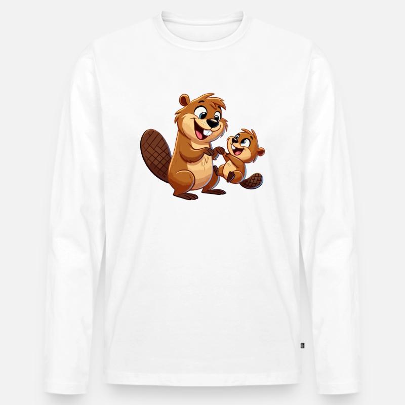 Bibermutter mit herumtollendem Kind - Männer Premium Bio Langarmshirt - Weiß