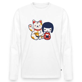Poupée Kokeshi avec un chat qui porte le chat de Maneki Neko - T-shirt manches longues Premium bio Homme - blanc - Devant - Nico (187cm)