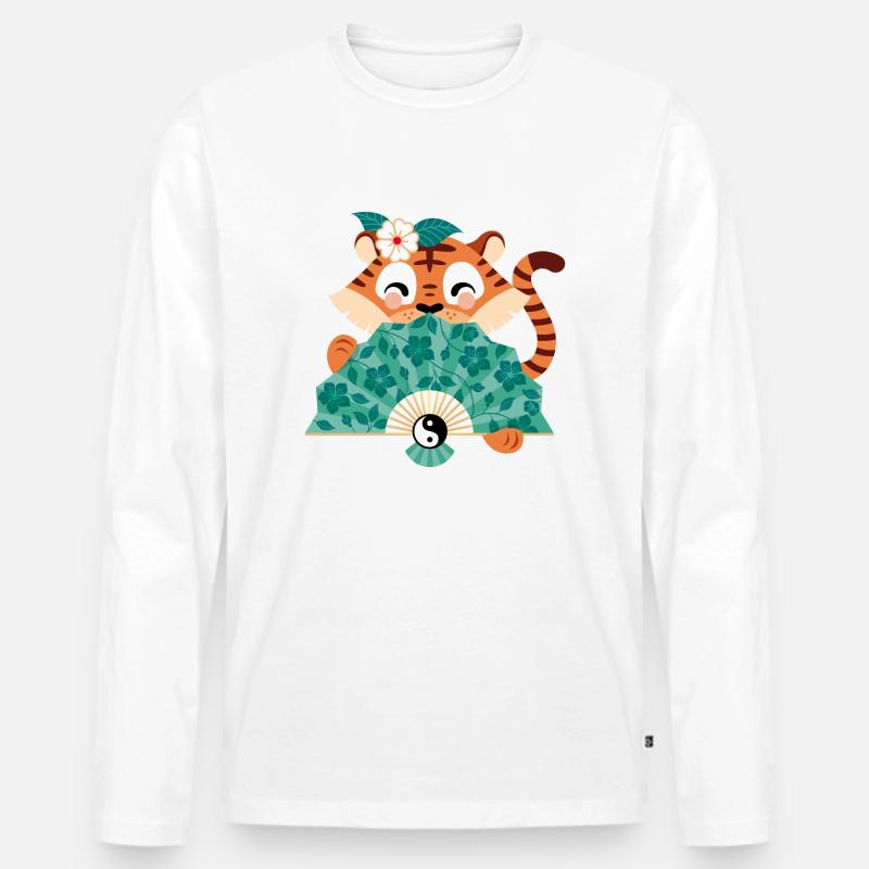 Tiger mit Fächer - Männer Premium Bio Langarmshirt - Weiß
