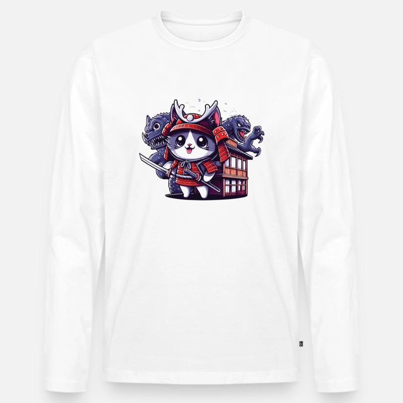 Samurai-Ninja-Katze hinter Monster und Dojo - Männer Premium Bio Langarmshirt - Weiß