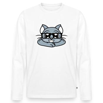 Schlaue Nerd Katze Hornbrille Geek Kätzchen Brille - Männer Premium Bio Langarmshirt - Weiß - Vorne - Nico (187cm)