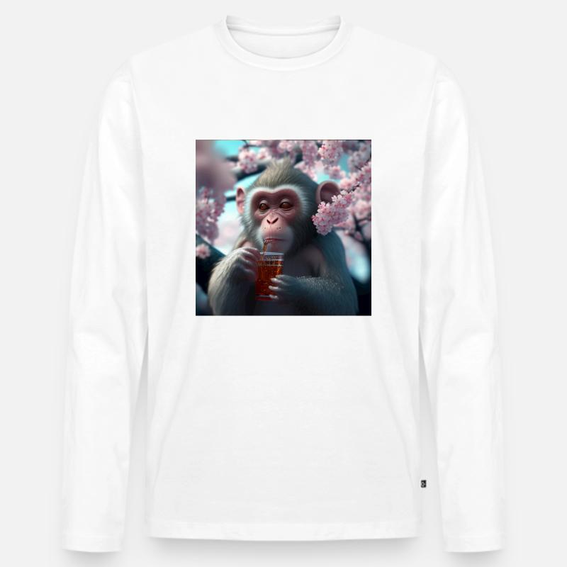 Äffchen mit Getränk Geschenk - Männer Premium Bio Langarmshirt - Weiß