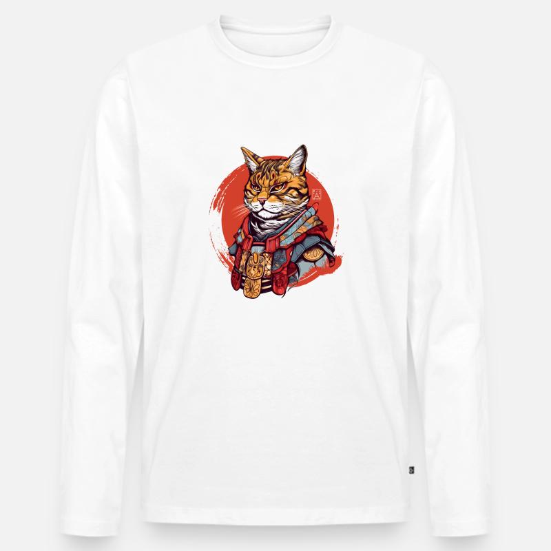 Samurai-Katze - Männer Premium Bio Langarmshirt - Weiß