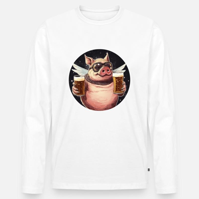 Fliegendes Schwein mit Bier - Männer Premium Bio Langarmshirt - Weiß