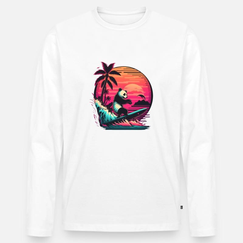 Synthwave surfing Panda Sunset - Männer Premium Bio Langarmshirt - Weiß