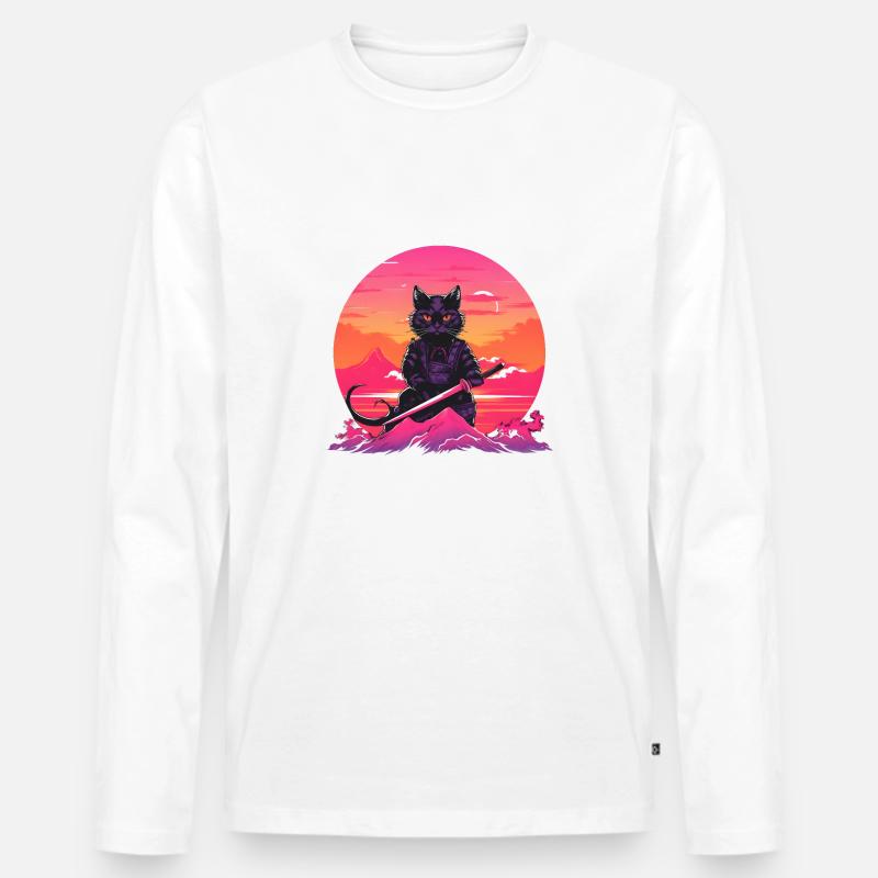 Synthwave samurai Cat with katana - Männer Premium Bio Langarmshirt - Weiß