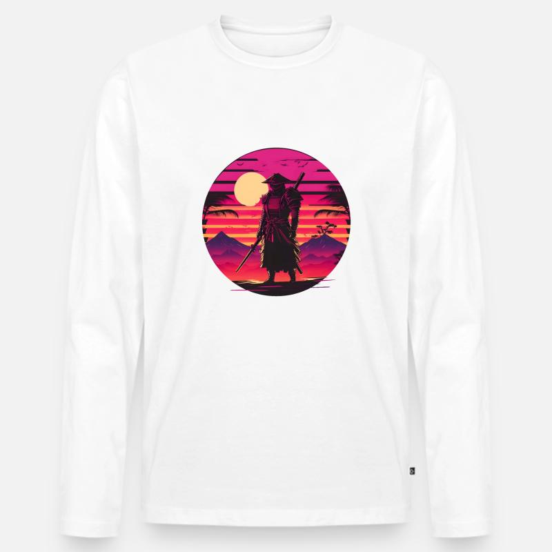 Synthwave Samurai Sunset - Männer Premium Bio Langarmshirt - Weiß