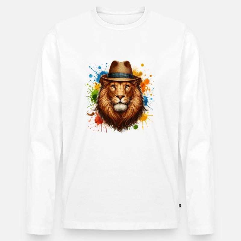 Löwe mit Hut - Männer Premium Bio Langarmshirt - Weiß