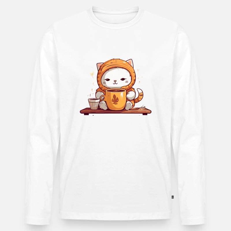 Coffee Cat - Männer Premium Bio Langarmshirt - Weiß