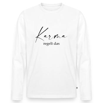 Karma regelt das - Männer Premium Bio Langarmshirt - Weiß - Vorne - Nico (187cm)