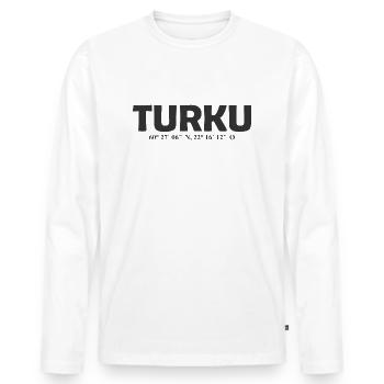 Turku Finlande - Coordonnées - Longitude - Latitude - T-shirt manches longues Premium bio Homme - blanc - Devant - Nico (187cm)