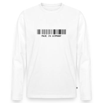 Made in Germany - Deutschland - Barcode - Strichco - Männer Premium Bio Langarmshirt - Weiß - Vorne - Nico (187cm)