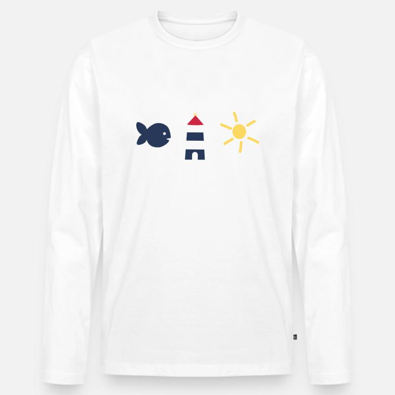Maritim Fisch Sonne Leuchtturm - Männer Premium Bio Langarmshirt - Weiß