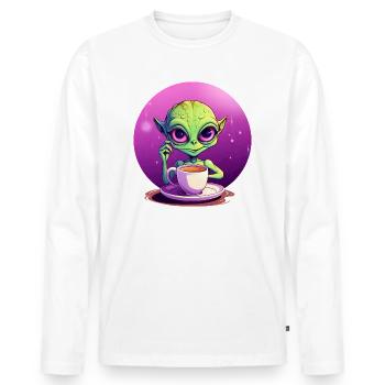 Midnight Coffee: Le buveur extraterrestre vert - T-shirt manches longues Premium bio Homme - blanc - Devant - Nico (187cm)