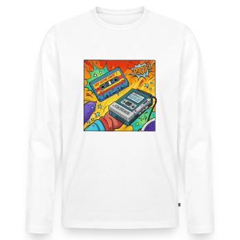 90er-Vibes: Walkman-Kult im Comic-Look - Männer Premium Bio Langarmshirt - Weiß - Vorne - Nico (187cm)