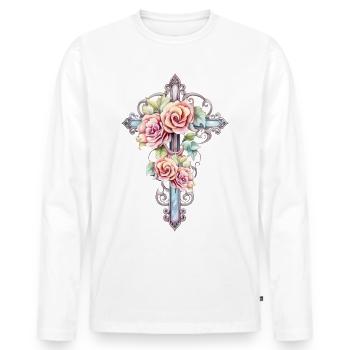 Aquarell-Kreuz mit Rosen - Männer Premium Bio Langarmshirt - Weiß - Vorne - Nico (187cm)