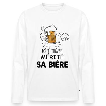 Humour biere bien méritée apres boulot - T-shirt manches longues Premium bio Homme - blanc - Devant - Nico (187cm)