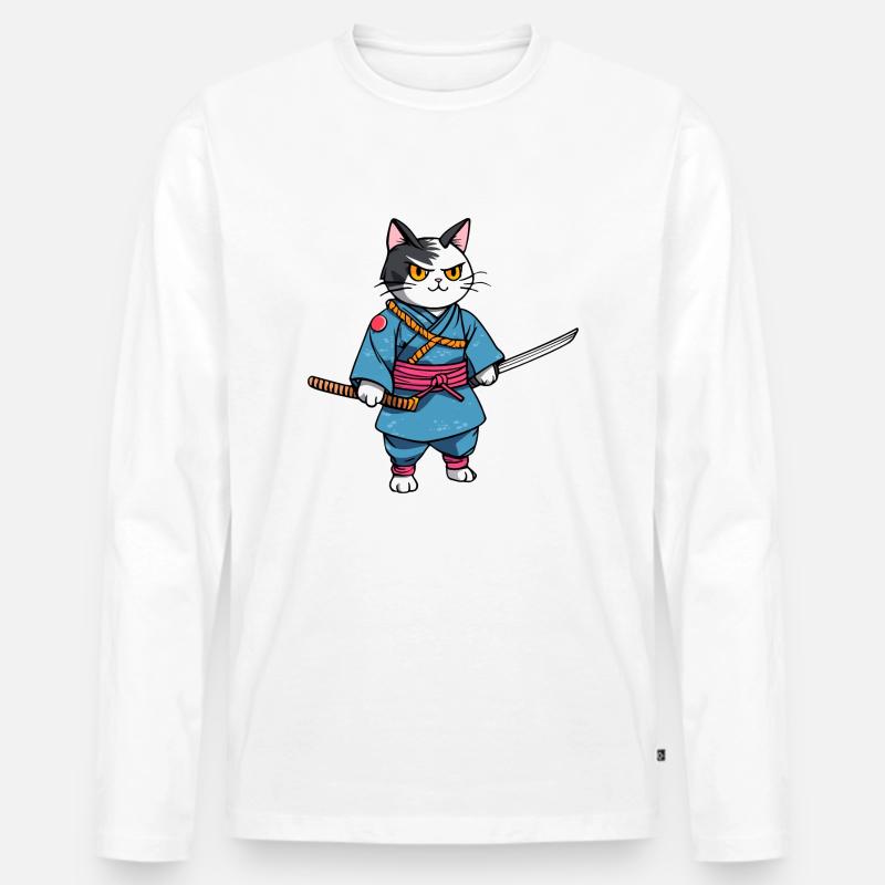 Samurai-Katze #43 - Männer Premium Bio Langarmshirt - Weiß