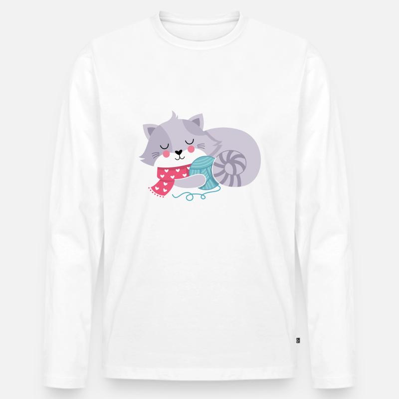 Katze mit Wollknoll - Männer Premium Bio Langarmshirt - Weiß