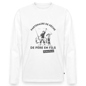 partenaire de pêche de père en fils cadeau pêcheur - T-shirt manches longues Premium bio Homme - blanc - Devant - Nico (187cm)