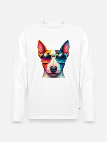 Bunter Bullterrier mit Sonnenbrille - Männer Premium Bio Langarmshirt - Weiß