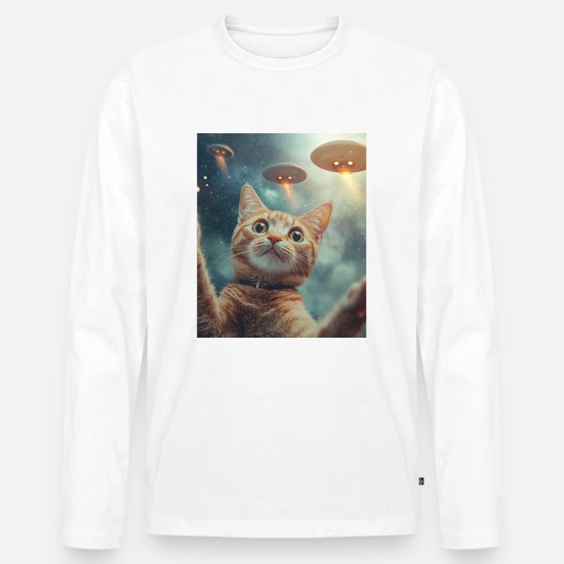 Katze Selfie UFO - Männer Premium Bio Langarmshirt - Weiß