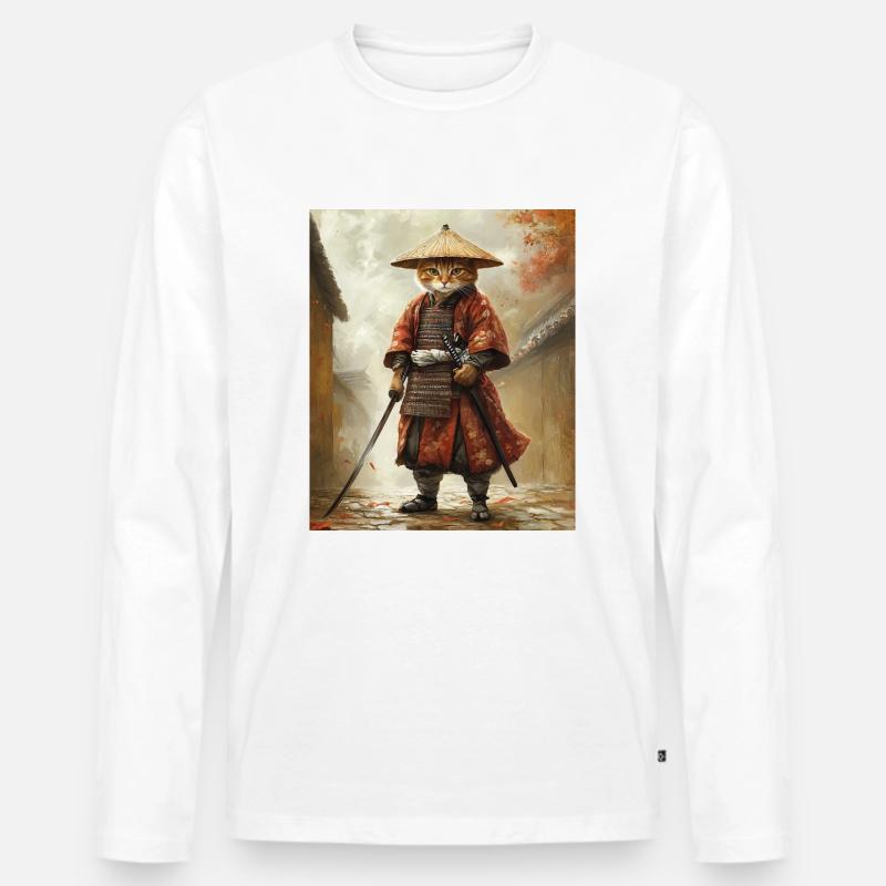 Katze Samurai - Männer Premium Bio Langarmshirt - Weiß