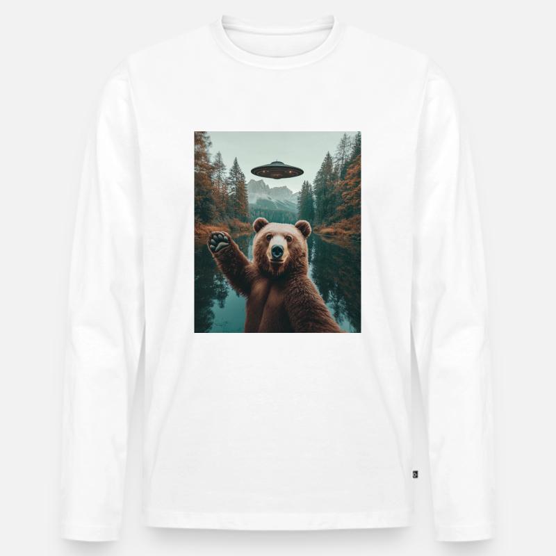 Bär Selfie mit UFO Aliens - Männer Premium Bio Langarmshirt - Weiß