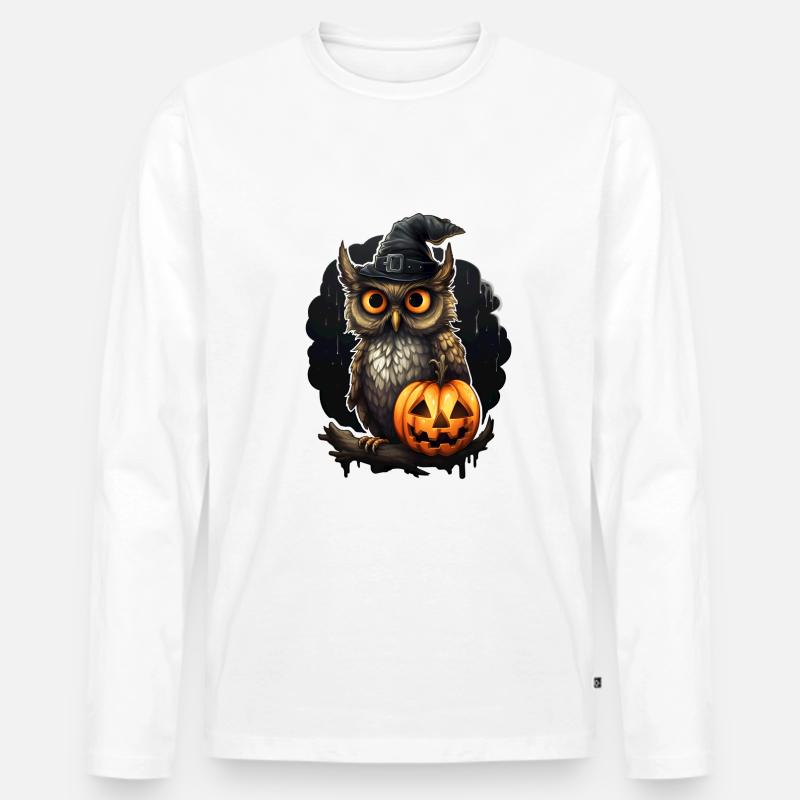 Eule mit Kürbis Halloween - Männer Premium Bio Langarmshirt - Weiß