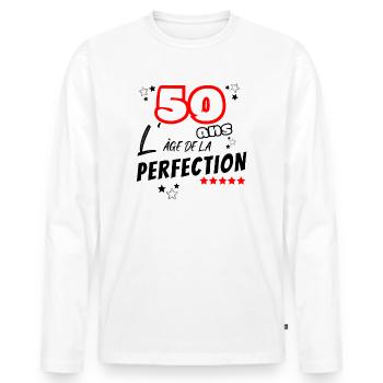 Humour Anniversaire 50 ans l'âge de la perfection - T-shirt manches longues Premium bio Homme - blanc - Devant - Nico (187cm)