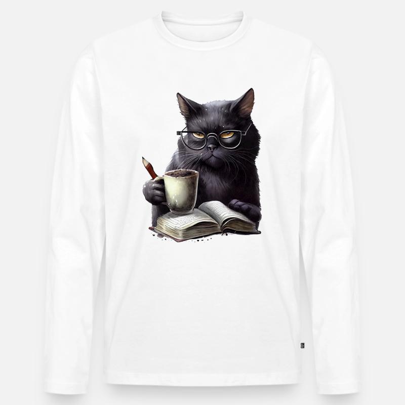 Schwarze Katze Liest Buch - Männer Premium Bio Langarmshirt - Weiß