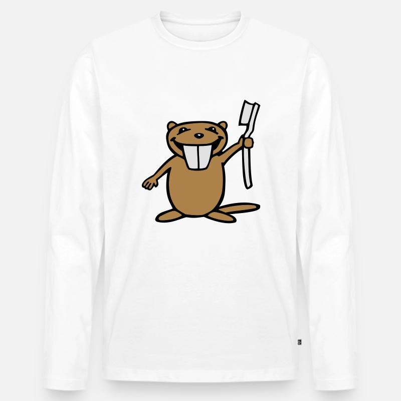 Lustiger Biber mit Zahnbürste - Männer Premium Bio Langarmshirt - Weiß