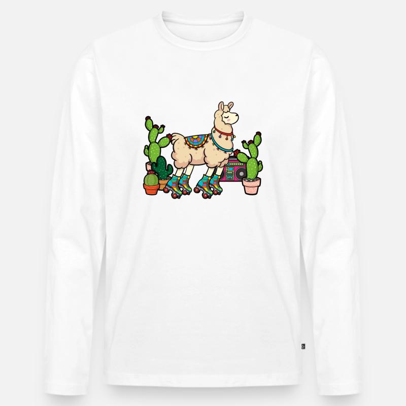 Llama Disco Roller Cactus - Männer Premium Bio Langarmshirt - Weiß