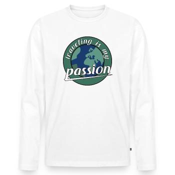Travel - Reisen - traveling is my passion - Männer Premium Bio Langarmshirt - Weiß - Vorne - Nico (187cm)