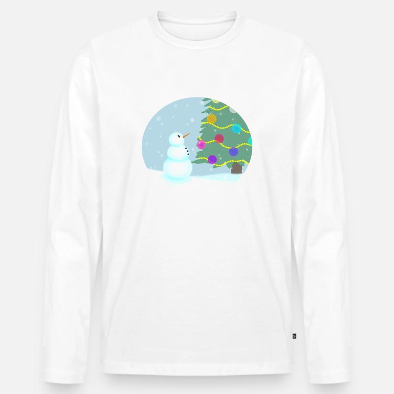 Schneemann bewundert Weihnachtsbaum - Männer Premium Bio Langarmshirt - Weiß
