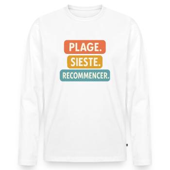 Motif été "Plage Sieste." Cadeau vacance Tenue été - T-shirt manches longues Premium bio Homme - blanc - Devant - Nico (187cm)