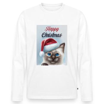 Joyeux Noël Blue Eyes Cat T-shirt - T-shirt manches longues Premium bio Homme - blanc - Devant - Nico (187cm)