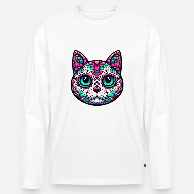 Bunte Katze Zuckerschädel - Männer Premium Bio Langarmshirt - Weiß