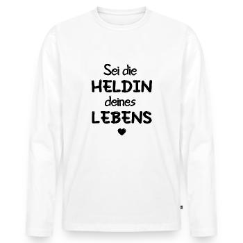 HELDIN HELD LEBEN MOTIVATION GLÜCK ZIEL ZUFRIEDEN - Männer Premium Bio Langarmshirt - Weiß - Vorne - Nico (187cm)