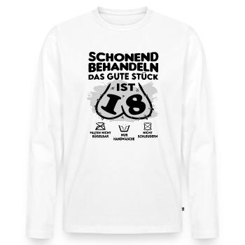 Geburtstag 18 Schonend behandeln Das Stück ist 18 - Männer Premium Bio Langarmshirt - Weiß - Vorne - Nico (187cm)
