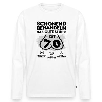 Geburtstag 70 Schonend behandeln Das Stück ist 70 - Männer Premium Bio Langarmshirt - Weiß - Vorne - Nico (187cm)