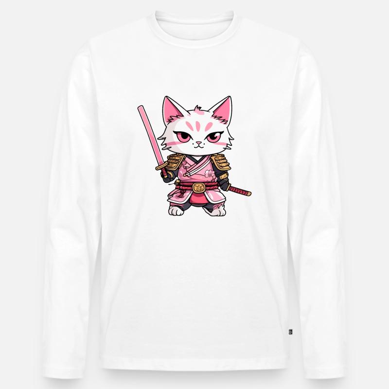 Samurai Katze & Kirschblüten #9 - Männer Premium Bio Langarmshirt - Weiß