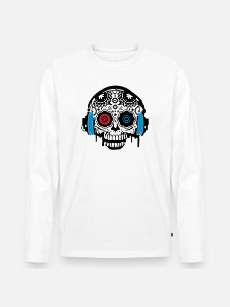 Sugar Skull mit Kopfhörer - Männer Premium Bio Langarmshirt - Weiß