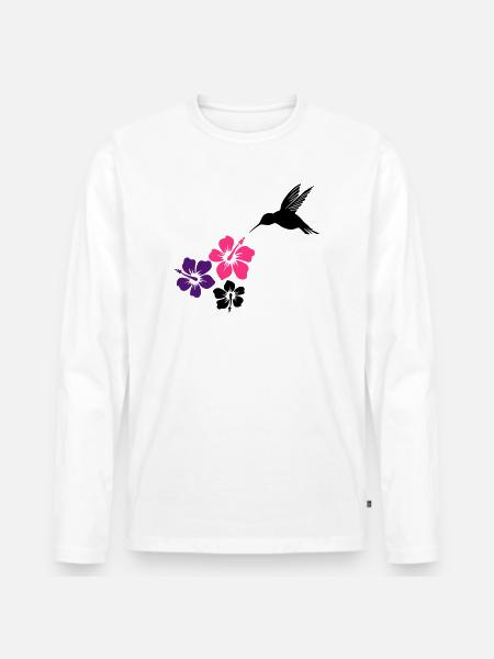 Colibri avec des fleurs d'hibiscus - T-shirt manches longues Premium bio Homme - blanc