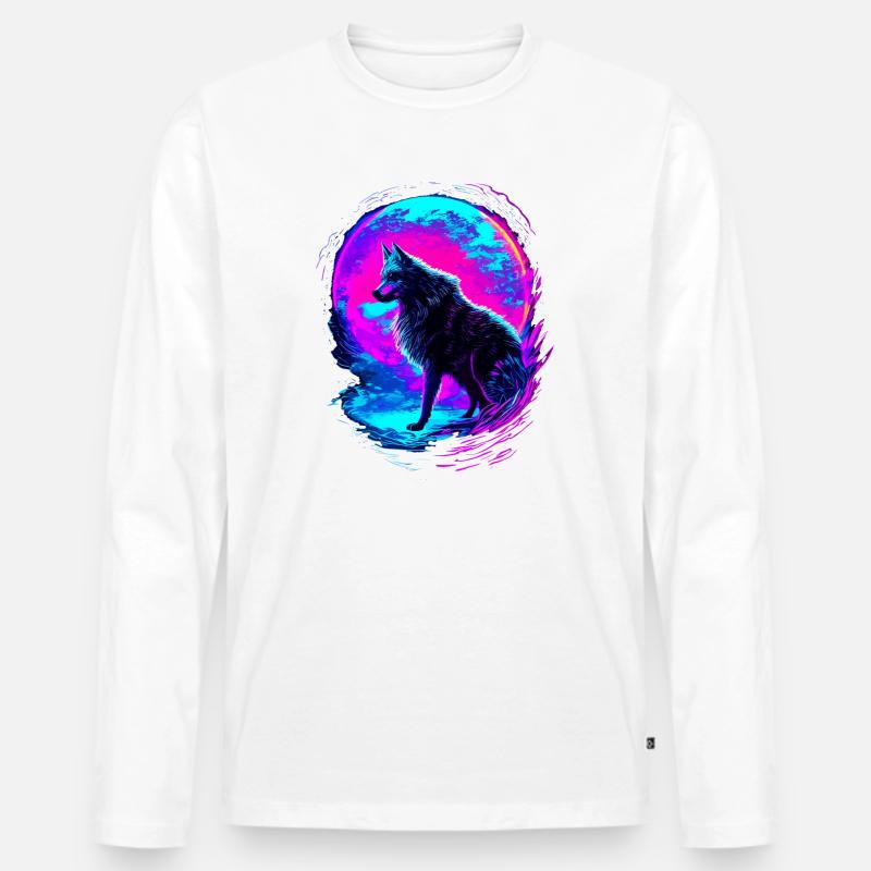 Wolf Neon Moon Synthwave - T-shirt manches longues Premium bio Homme - blanc