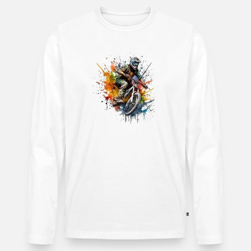 Actionreicher Mountainbiker mit Farbspray-Design - Männer Premium Bio Langarmshirt - Weiß