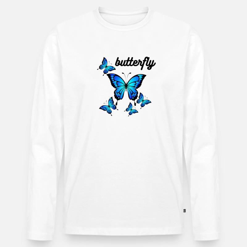 Blaue Schmetterlinge auf Mitternachtsschwarz - Männer Premium Bio Langarmshirt - Weiß