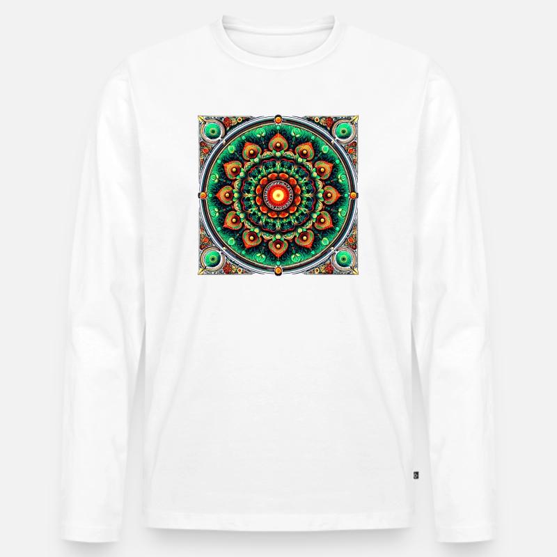 Buntglas-Mandala grün und orange - Männer Premium Bio Langarmshirt - Weiß
